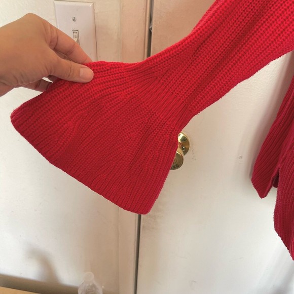 Loft Red Sweater Ribbed High Neckline Mock Chunky Knit Bell Sleeve Size Medium - Picture 6 of 12